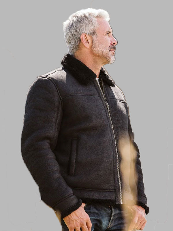 Men Shearling Black Leather Bomber Jacket