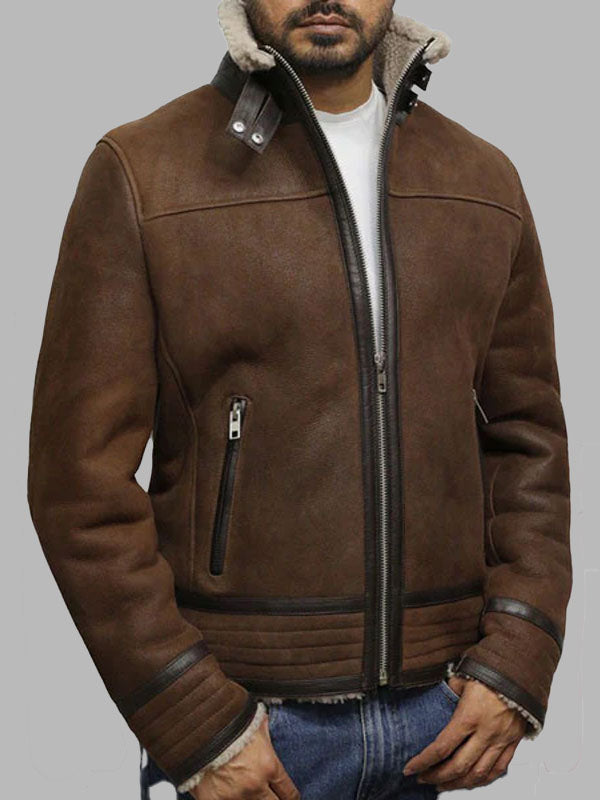 Men's Brown Genuine Shearling Sheepskin Leather Jacket Vintage