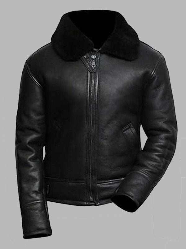 Mens Black Aviator Flight Sheepskin Shearling jacket With Fur Lining