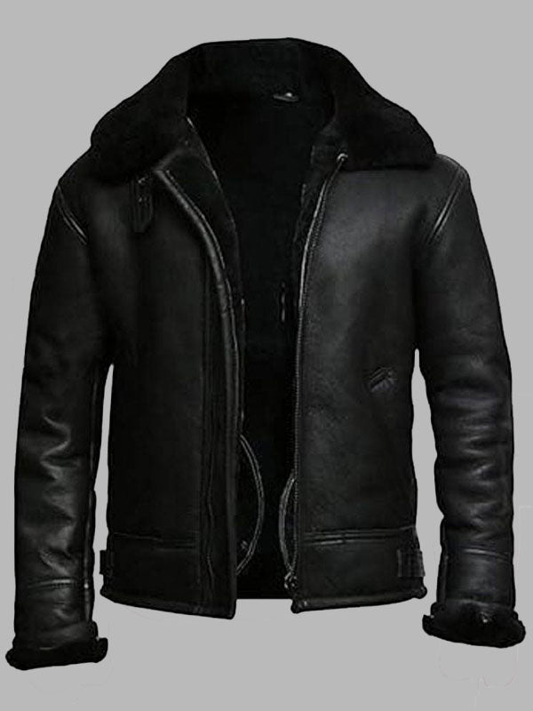 Mens Black Aviator Flight Sheepskin Shearling jacket With Fur Lining