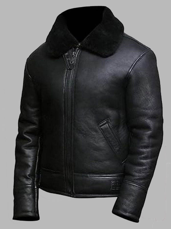 Mens Black Aviator Flight Sheepskin Shearling jacket With Fur Lining