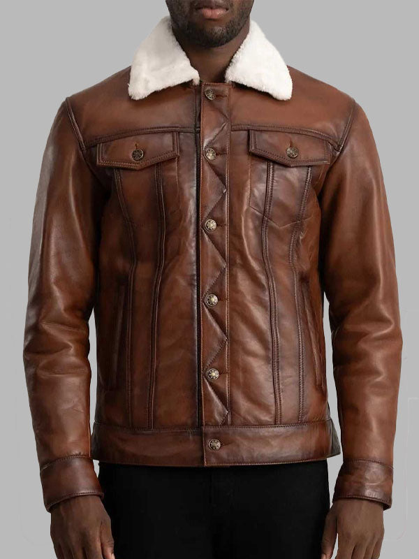 Men Vintage Shearling Leather Jacket