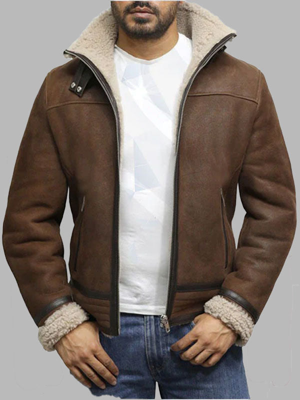 Men's Brown Genuine Shearling Sheepskin Leather Jacket Vintage