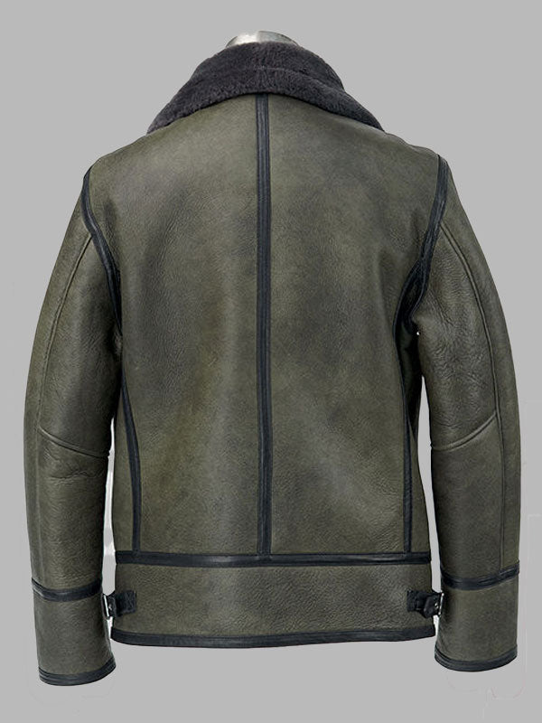 Men's Vintage Olive Green Shearling Turn Down Collar Jacket