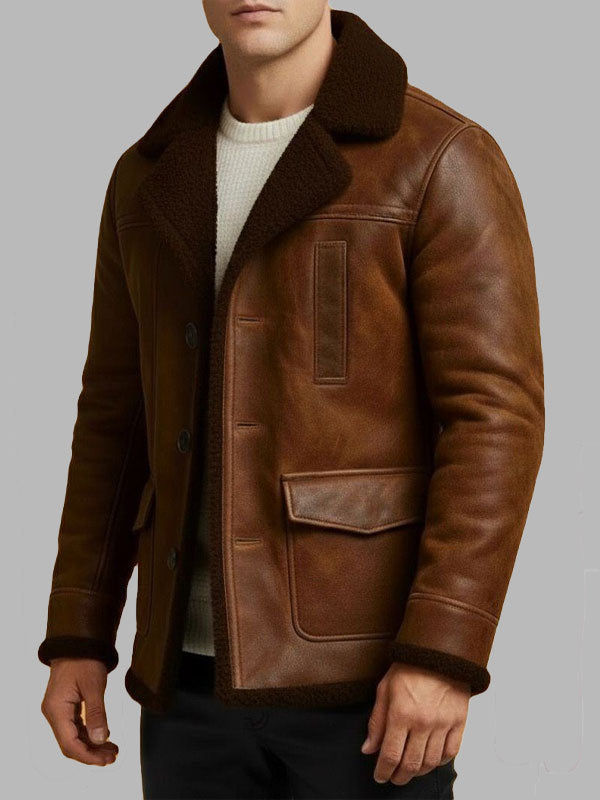 Men's Brown Shearling Vintage Style Genuine Sheepskin Leather Jacket