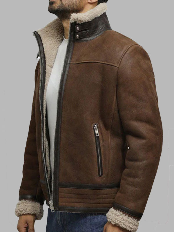 Men's Brown Genuine Shearling Sheepskin Leather Jacket Vintage