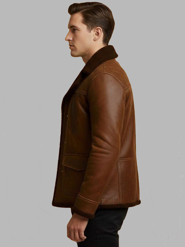 Men's Brown Shearling Vintage Style Genuine Sheepskin Leather Jacket
