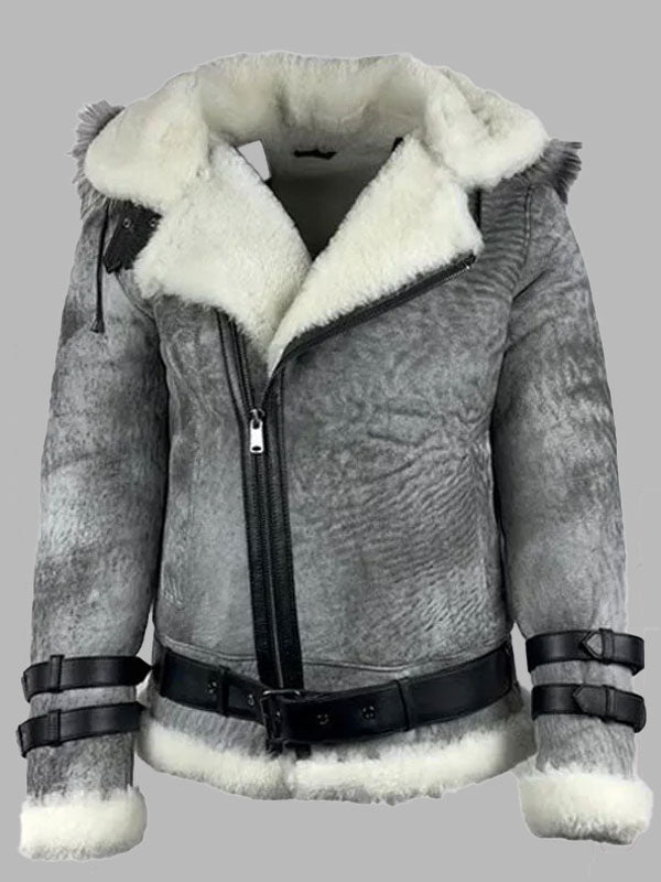 Men Vintage Distressed Grey Aviator bomber shearling jacket with hoodie