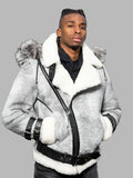 Men Vintage Distressed Grey Aviator bomber shearling jacket with hoodie