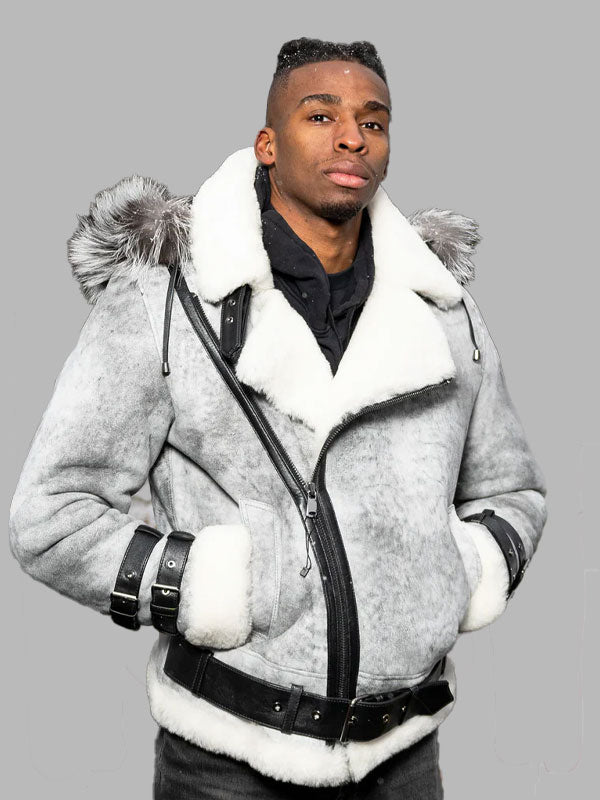 Men Vintage Distressed Grey Aviator bomber shearling jacket with hoodie