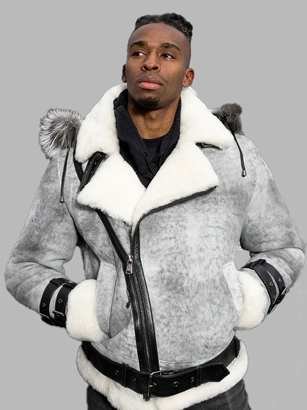 Men Vintage Distressed Grey Aviator bomber shearling jacket with hoodie