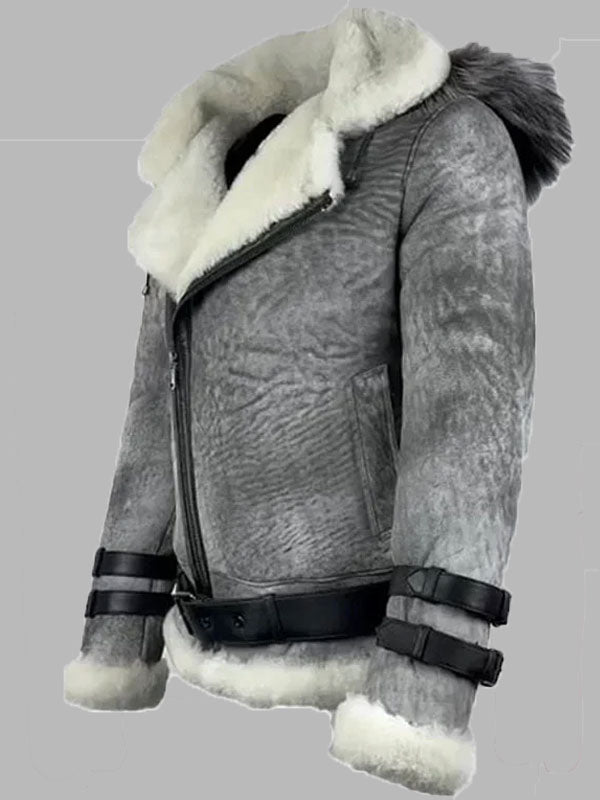 Men Vintage Distressed Grey Aviator bomber shearling jacket with hoodie