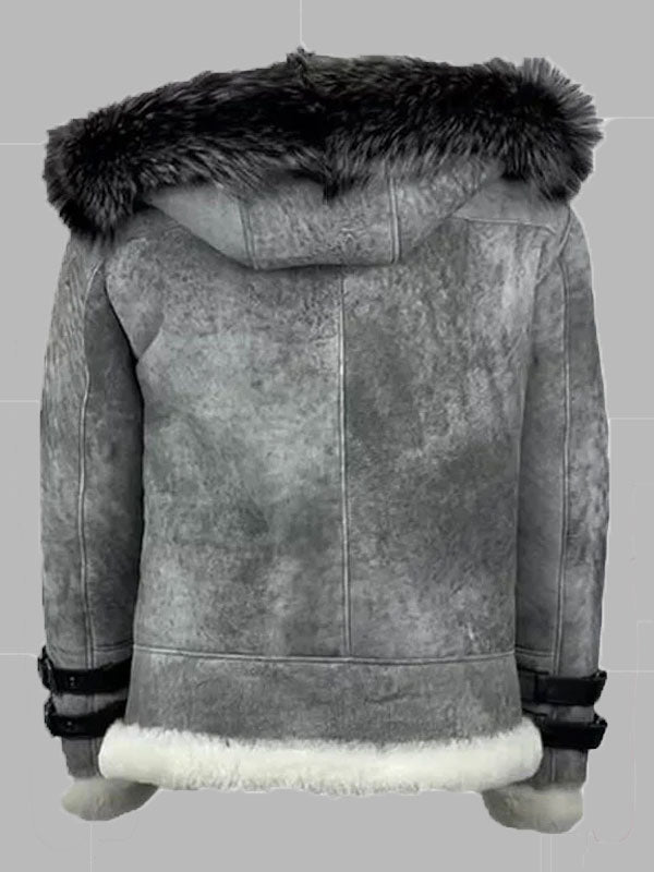 Men Vintage Distressed Grey Aviator bomber shearling jacket with hoodie