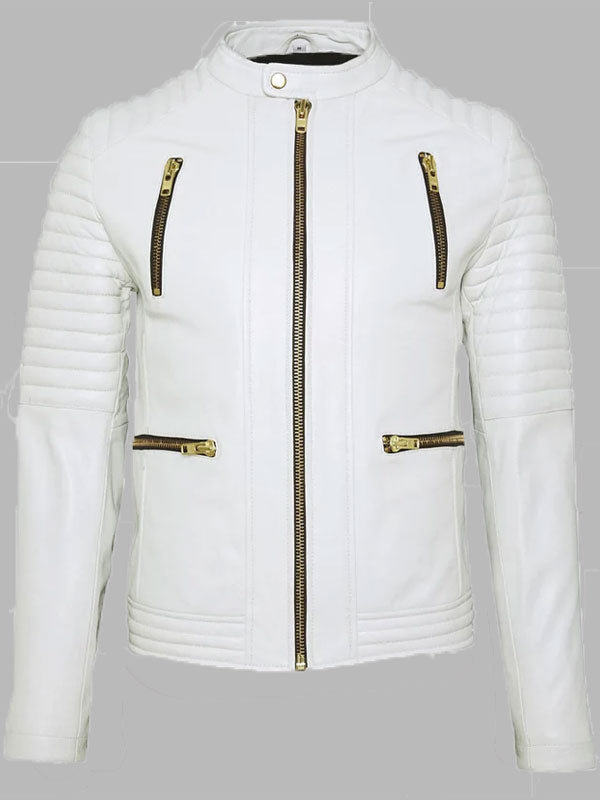 Mens White Leather Biker Jacket