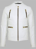 Mens White Leather Biker Jacket