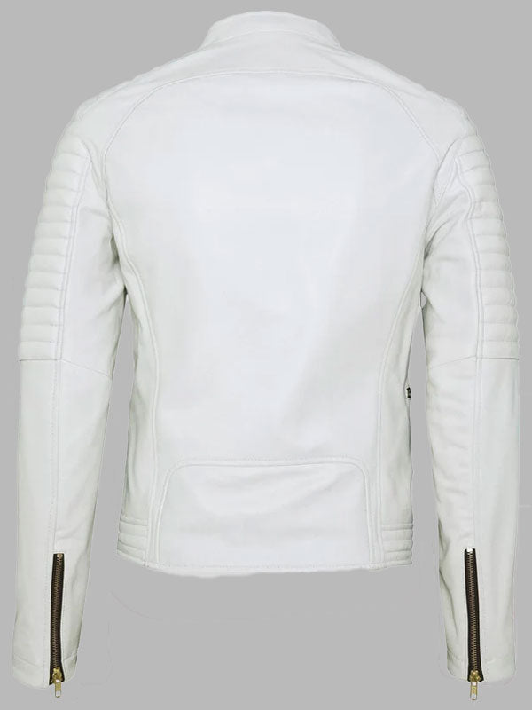 Mens White Leather Biker Jacket