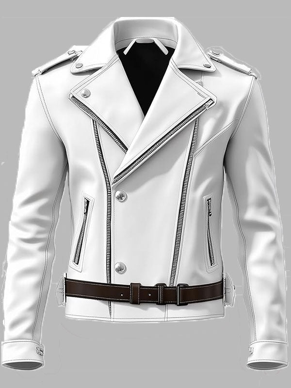 Mens White Motercycle Biker Jacket with White Zipper