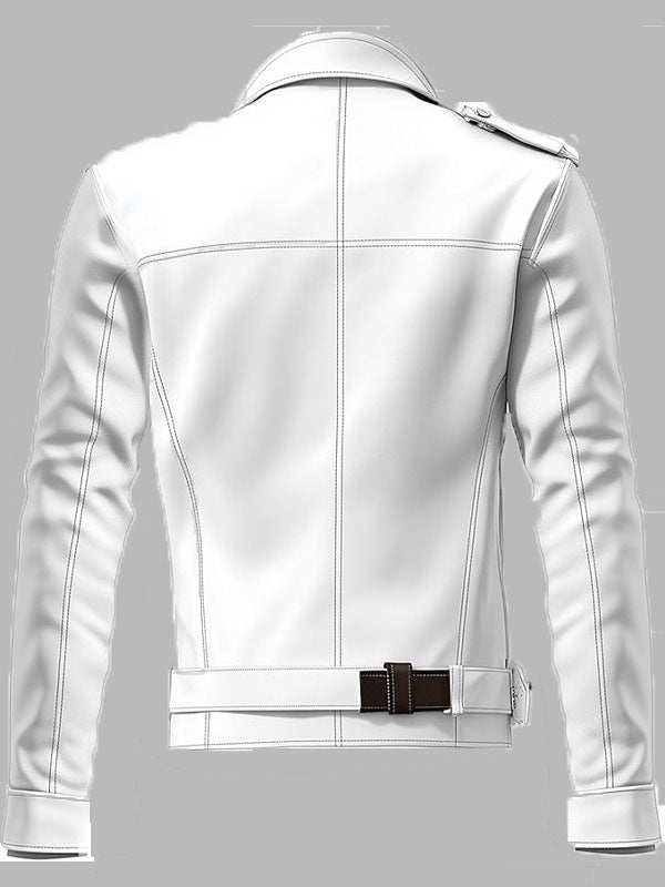 Mens White Motercycle Biker Jacket with White Zipper