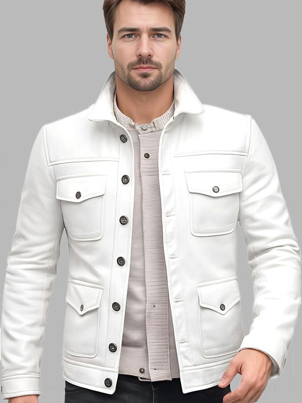 Men White Premium Genuine Biker Leather Jacket