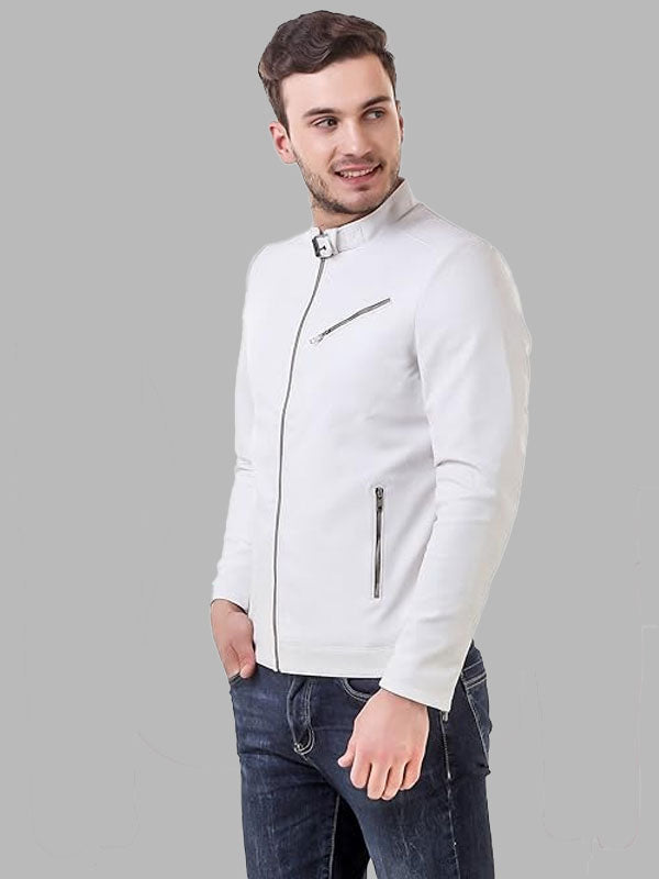 Men's Faux Leather White Solid Biker Jacket