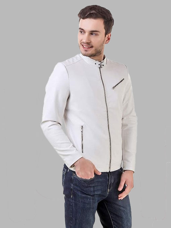 Men's Faux Leather White Solid Biker Jacket