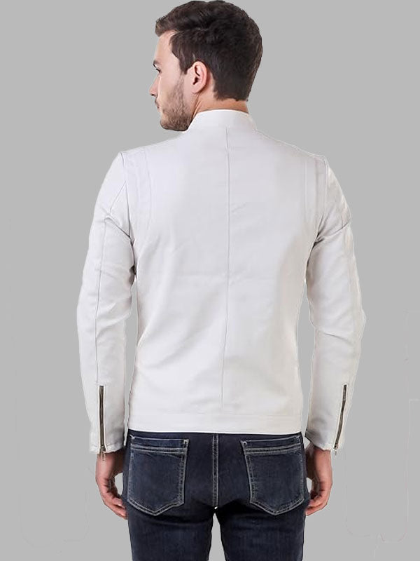 Men's Faux Leather White Solid Biker Jacket