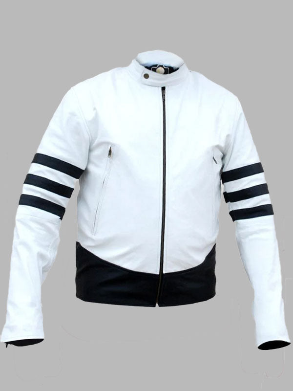 Men White And Black Patches Genuine Leather Jacket