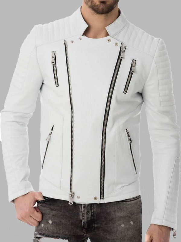 Men's 100% Real Leather Biker Motorcycle White Jacket