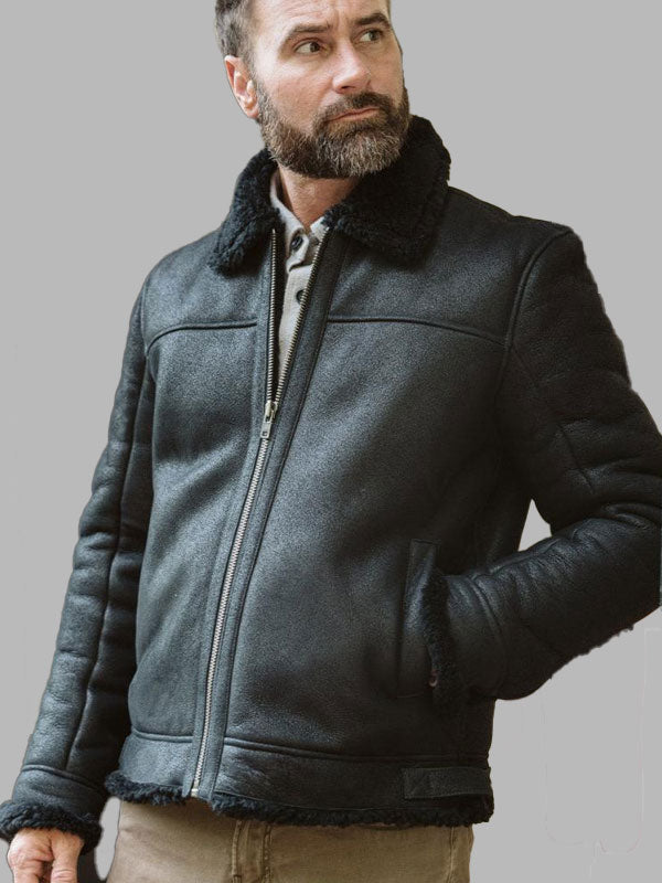 Men Shearling Black Leather Bomber Jacket