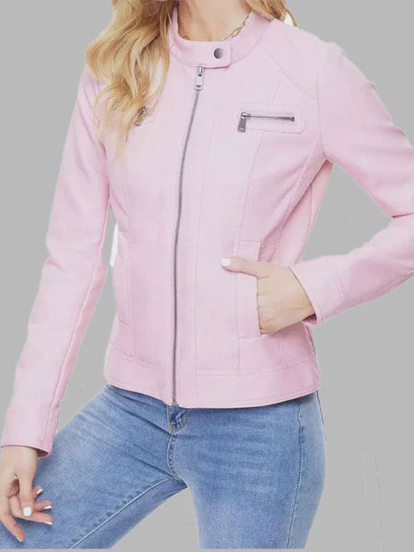 Isabella Pink Leather Biker Jacket