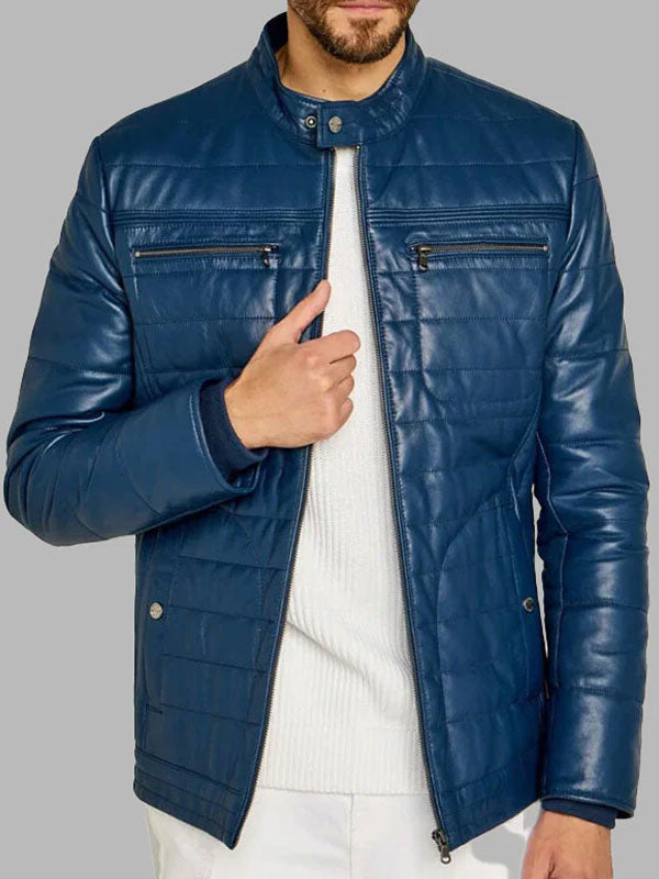 Trendy Men's Blue Leather Jacket