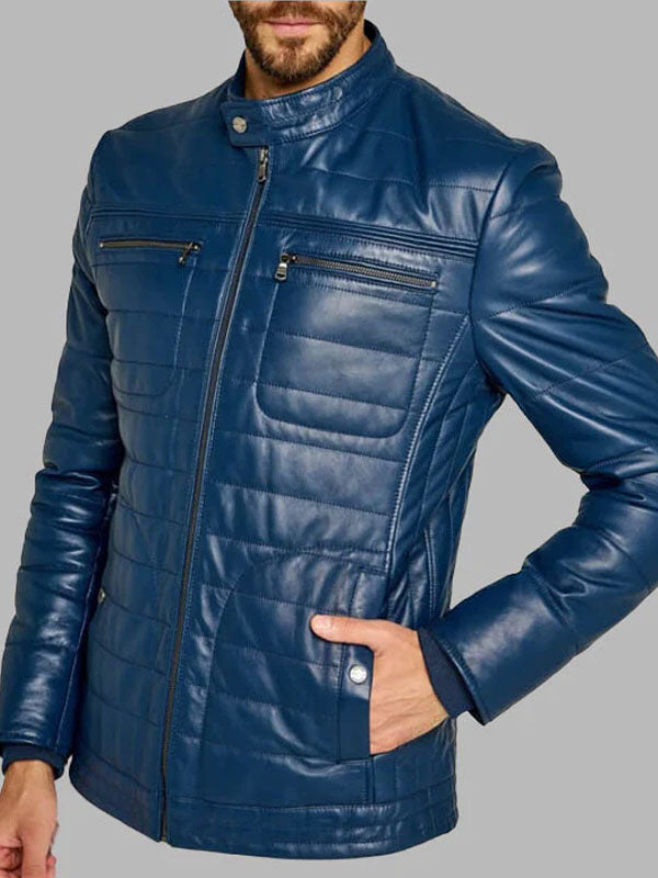 Trendy Men's Blue Leather Jacket