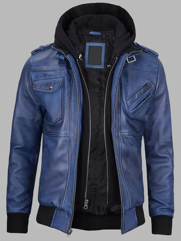 Men's Blue Leather Bomber Jacket