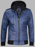 Men's Blue Leather Bomber Jacket