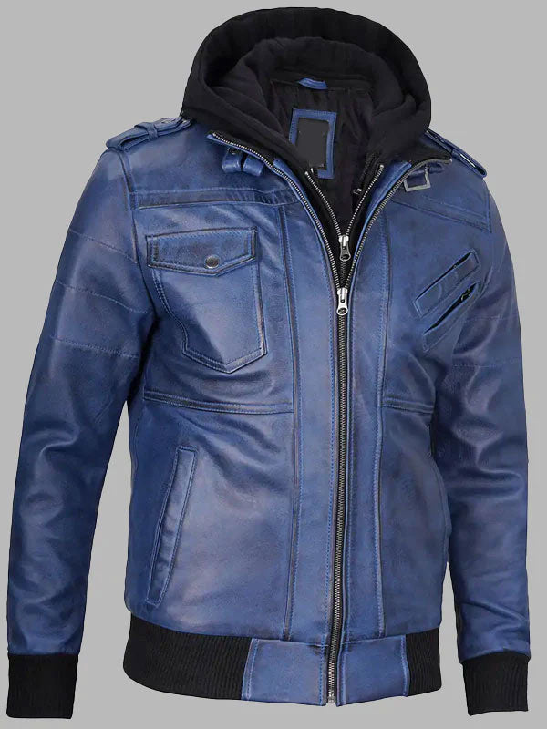 Men's Blue Leather Bomber Jacket