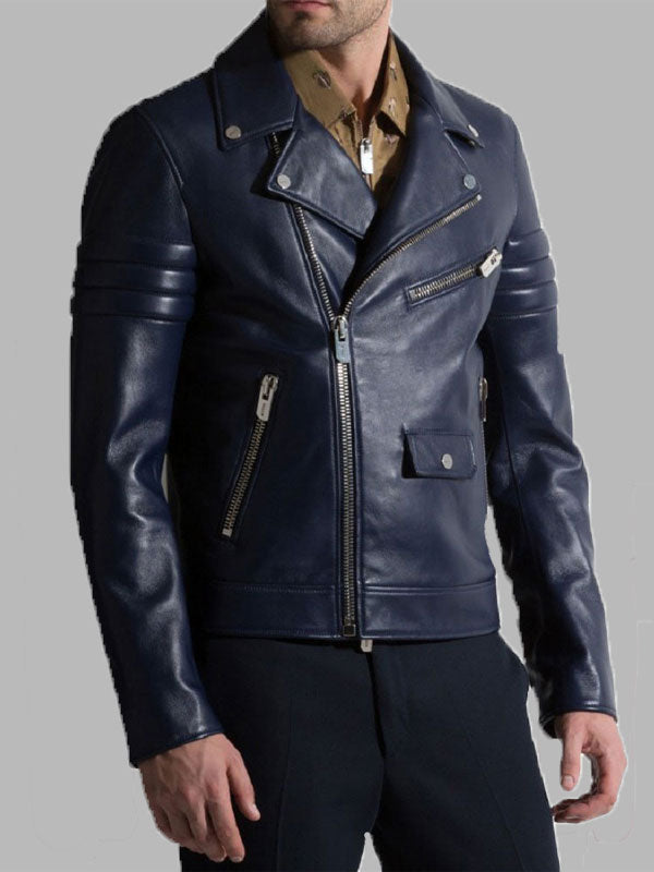 Men's Biker Style Motorbike Leather Jacket Navy Blue