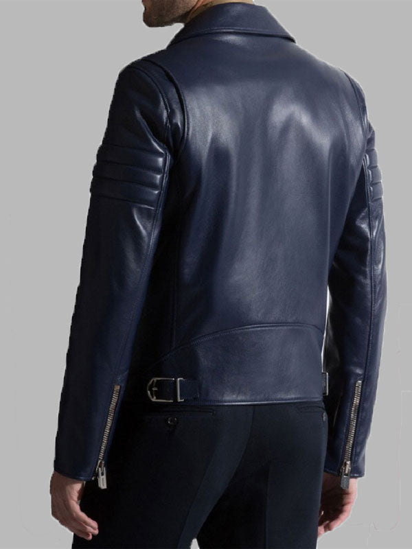 Men's Biker Style Motorbike Leather Jacket Navy Blue
